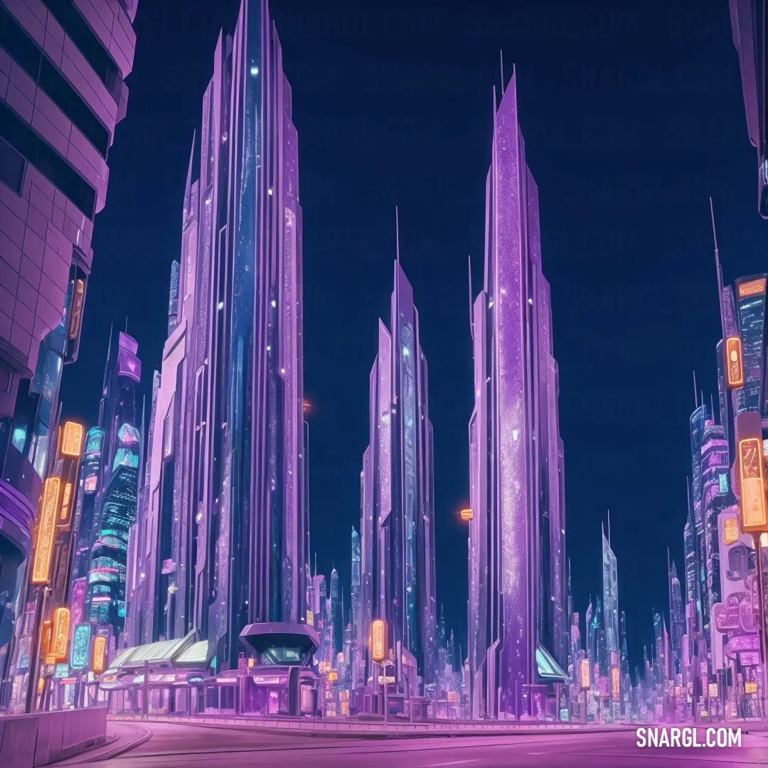 Futuristic city with tall buildings and a bus in the middle of the street at night time with a purple hue