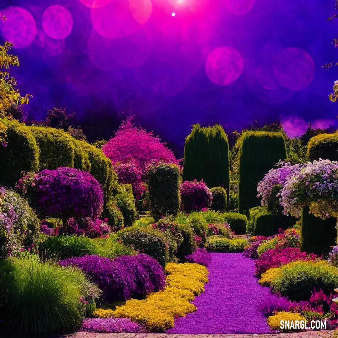 Garden with a pathway and lots of flowers in it at night time with a purple sky in the background