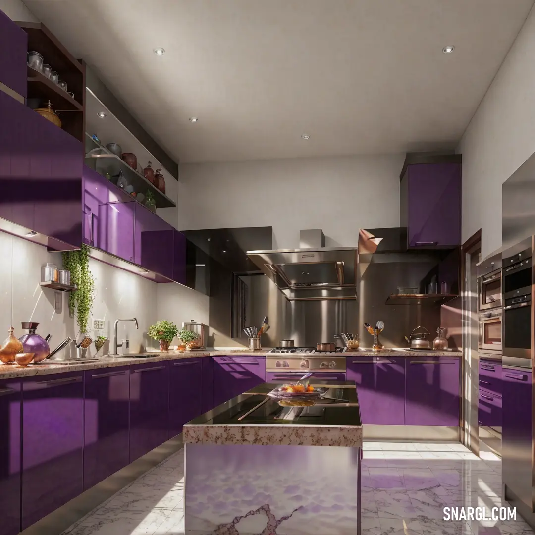 Kitchen with purple cabinets and a marble counter top and a stainless steel sink and oven and dishwasher
