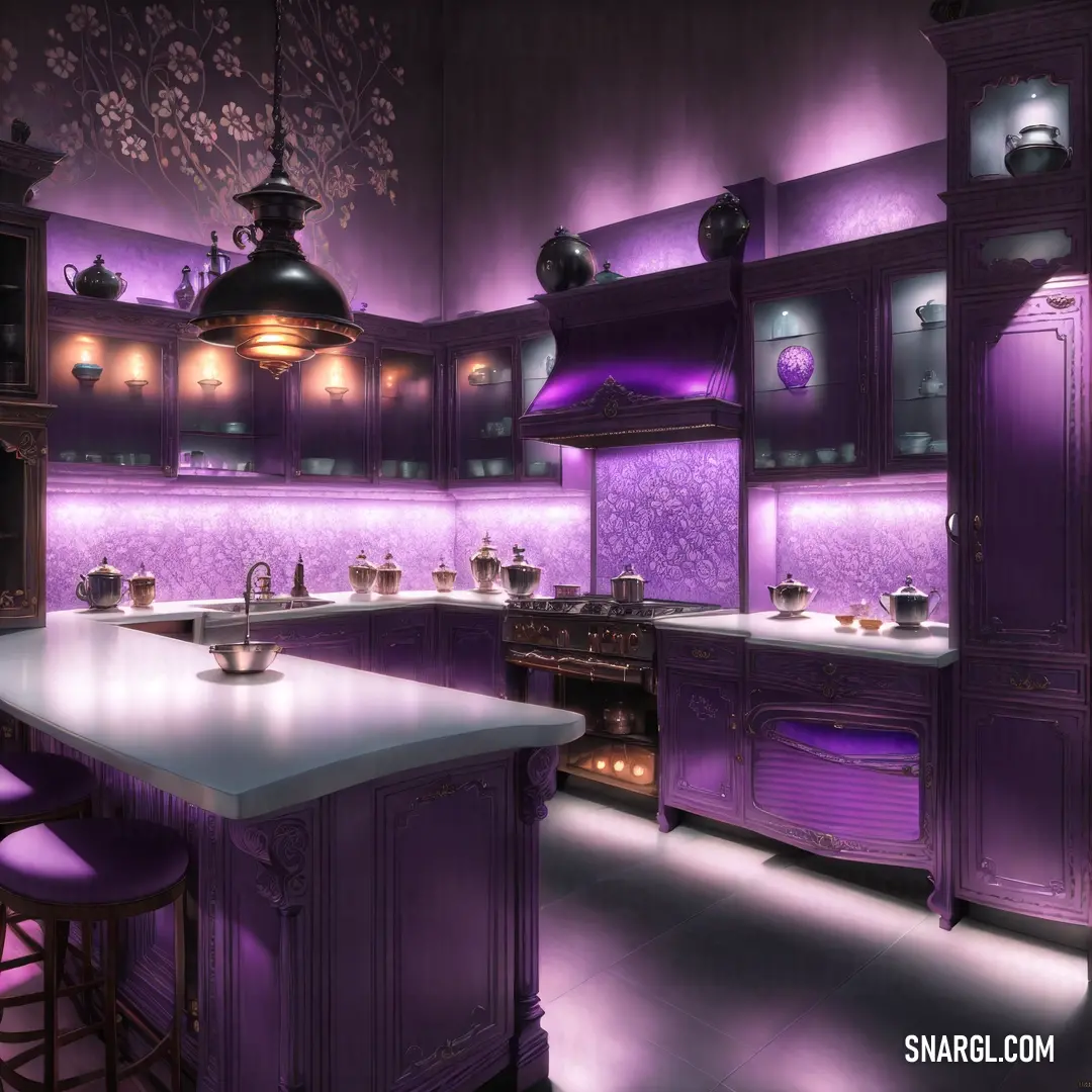 Kitchen with purple lighting and a white counter top and purple chairs and cabinets and a stove and oven. Example of #9966CC color.