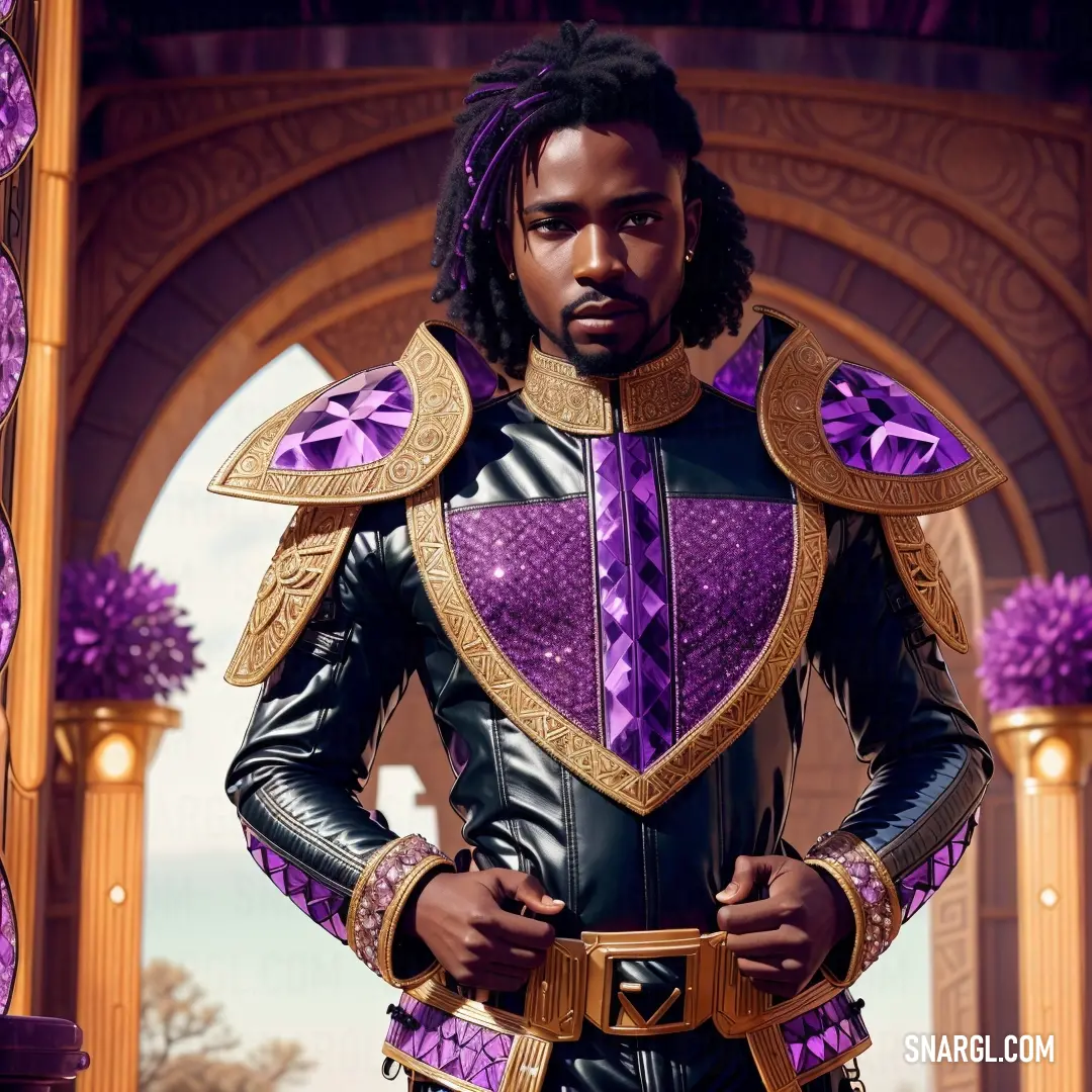 Man in a purple and black outfit standing in front of a archway with a purple and gold design