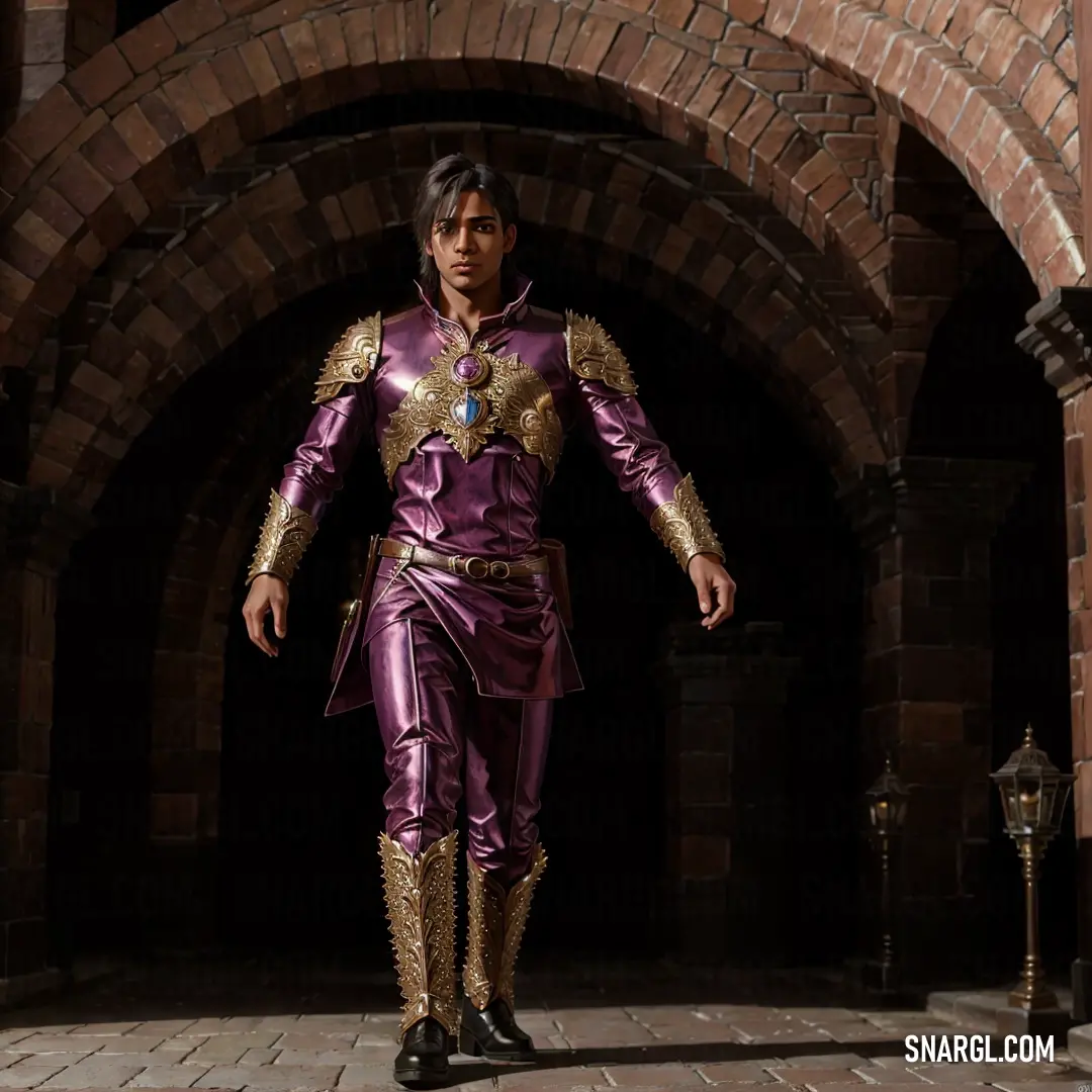 Man in a purple outfit walking through a tunnel with a brick wall and a lamp post in the background
