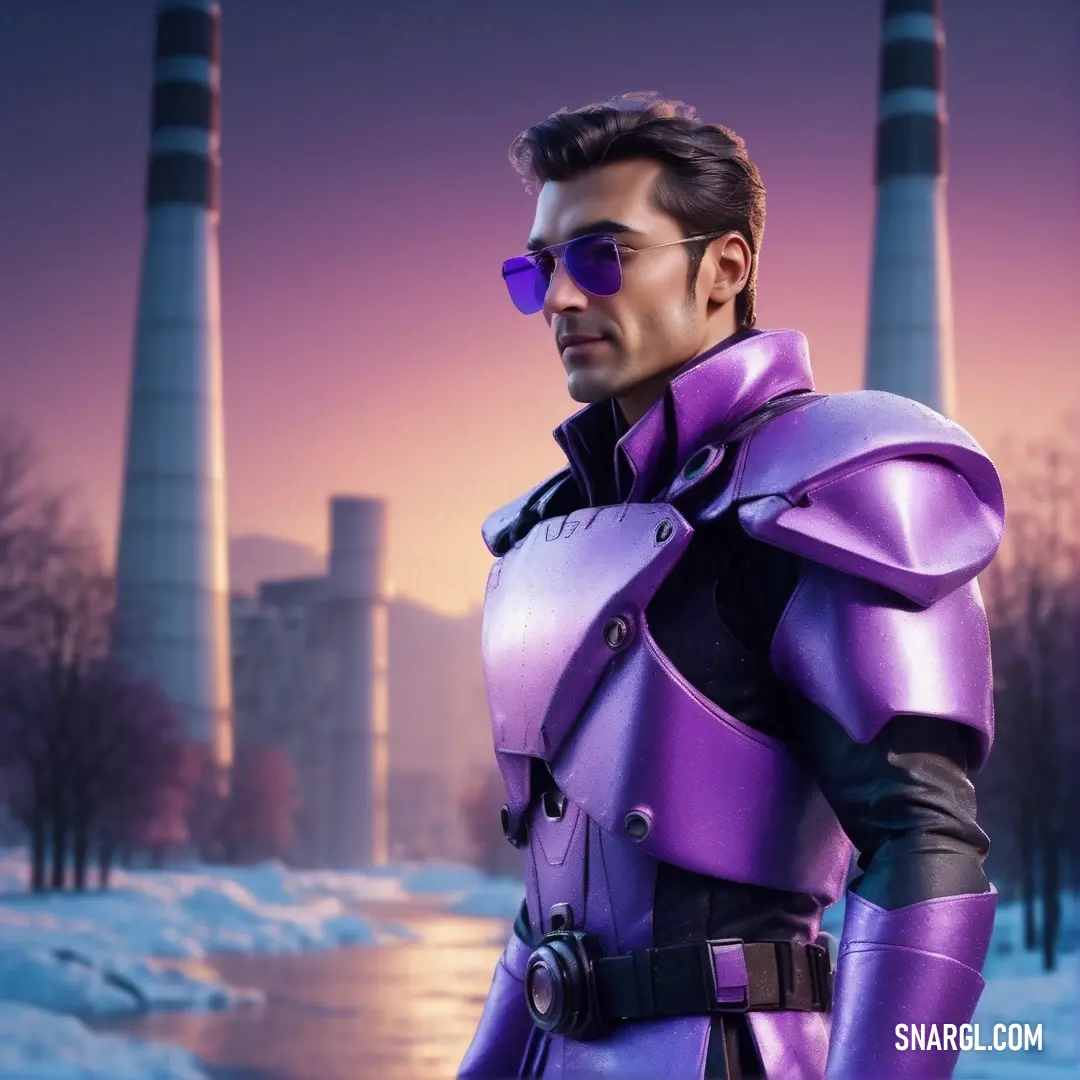 Man in a purple suit and sunglasses standing in front of a factory with smoke stacks in the background. Example of #9966CC color.