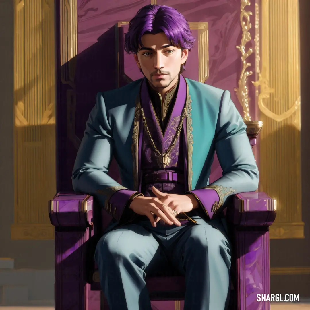 Man in a suit on a purple chair with a purple tie