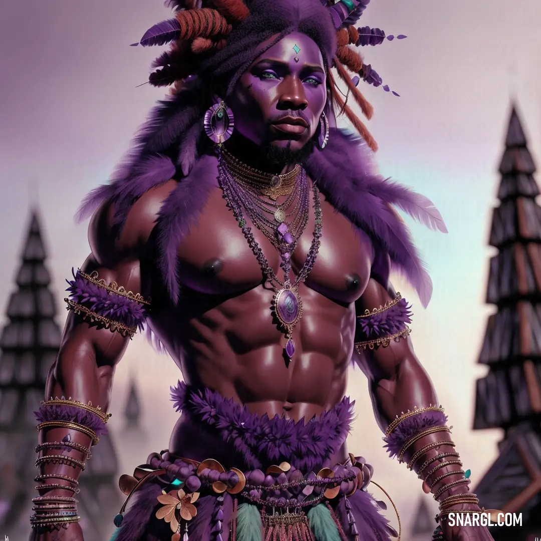 Man with a purple outfit and a necklace on his head and a purple feathered headdress