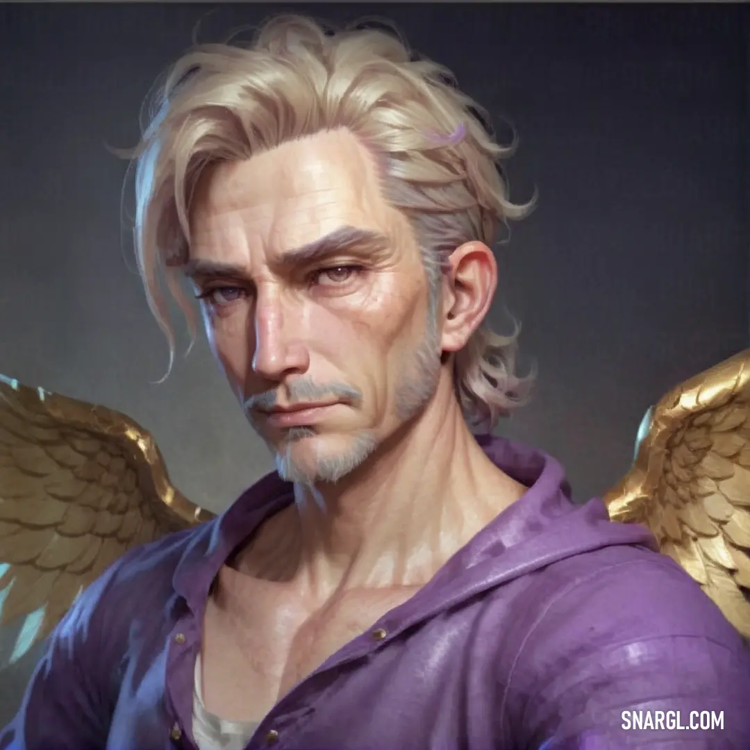 Man with blonde hair and a purple shirt with wings on his chest and a purple shirt with a gold collar. Color RGB 153,102,204.