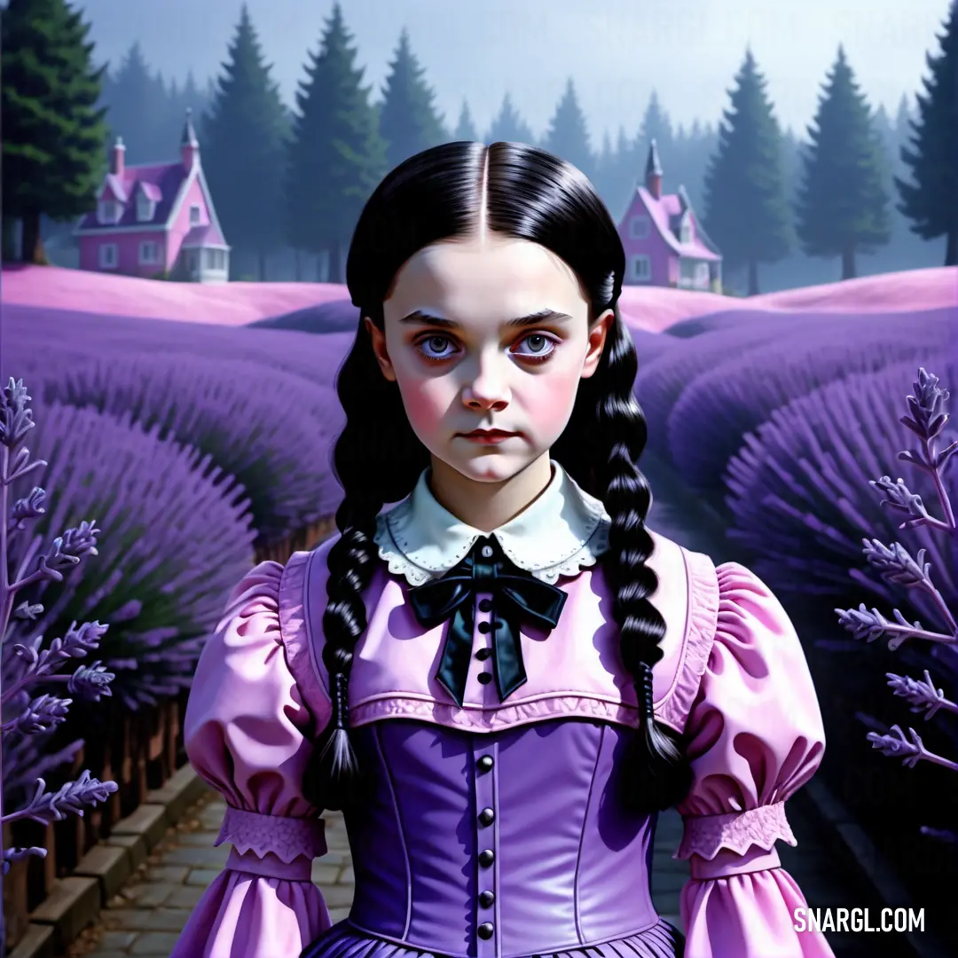 Amethyst color example: Painting of a girl in a purple dress in front of a lavender field with a house in the background
