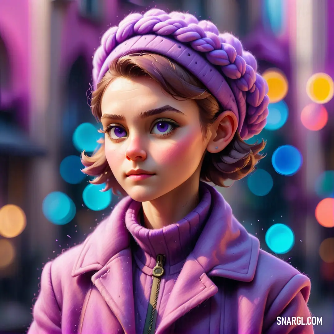 Painting of a girl with a purple hat and purple coat on a city street at night with lights in the background. Example of CMYK 25,50,0,20 color.