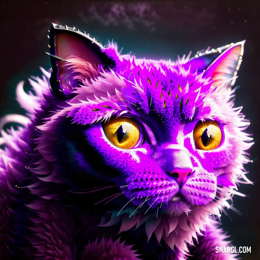 Purple cat with yellow eyes and a black background is featured in this painting of a cat with yellow eyes