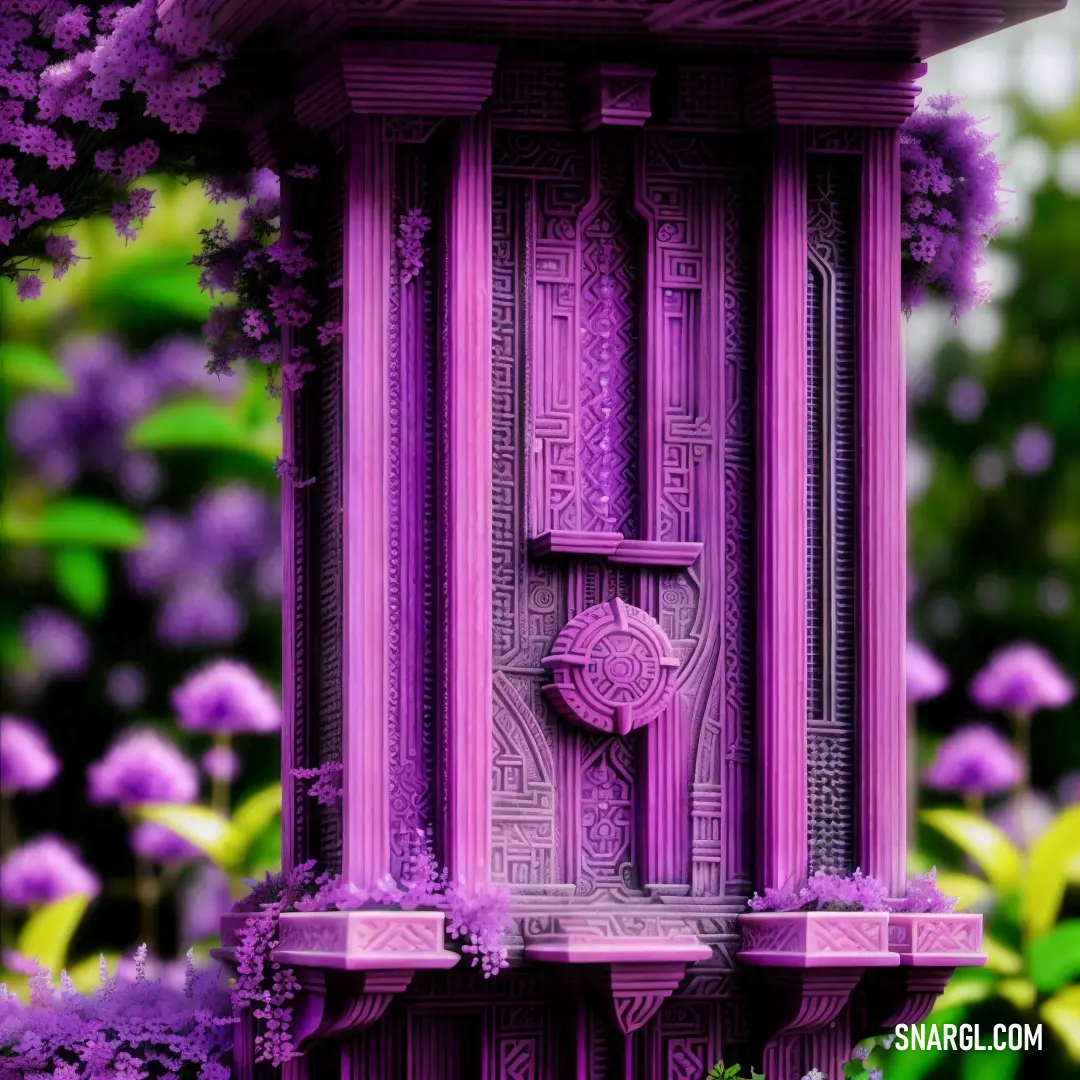 Purple clock surrounded by purple flowers and greenery in the background is a picture of a clock tower