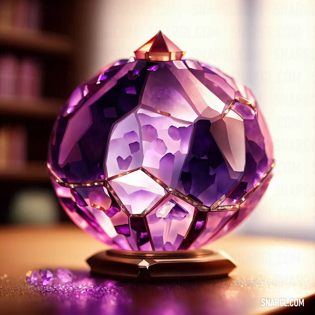 Purple crystal ball on top of a table next to a book shelf filled with books and a purple liquid