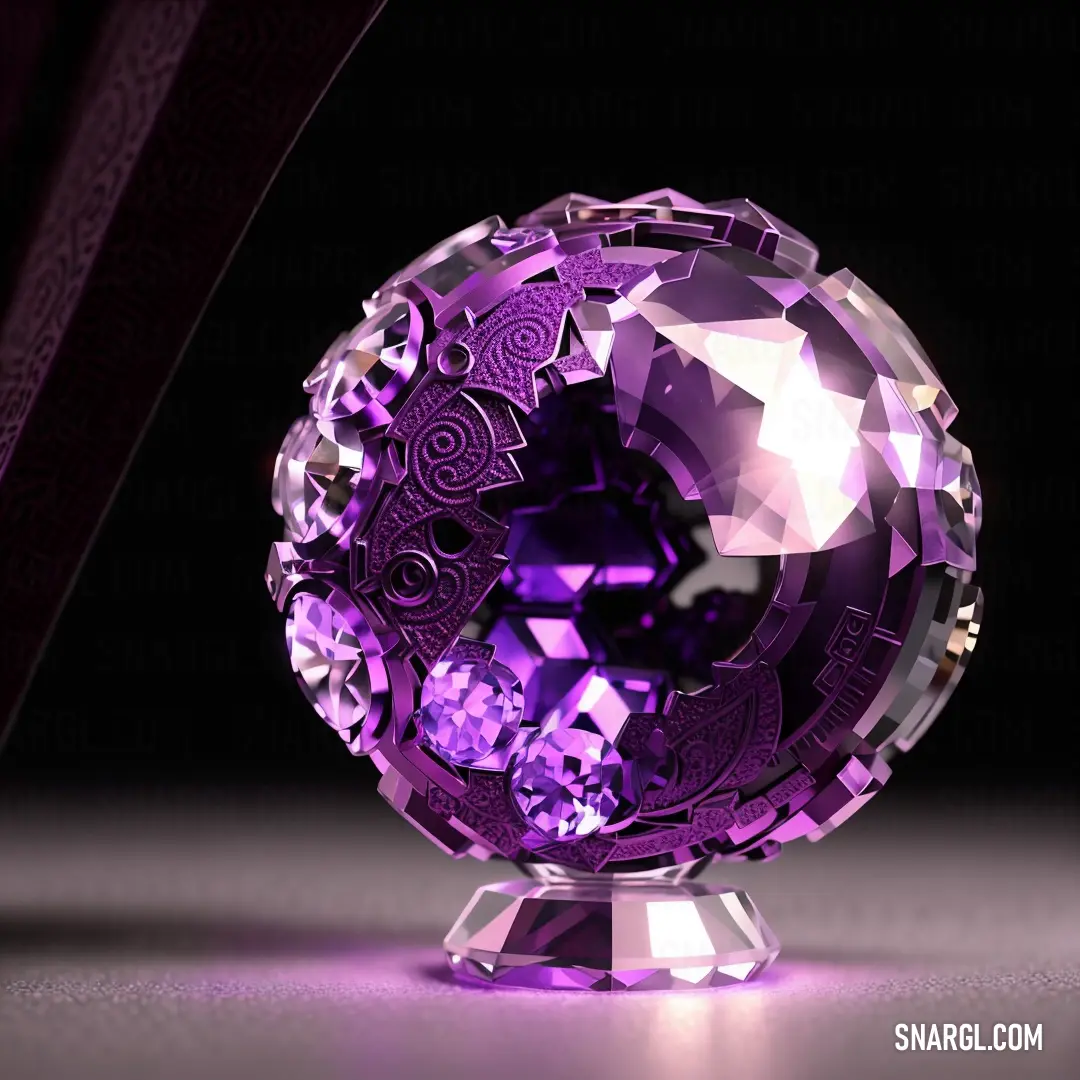 Purple crystal ball with intricate designs on it's surface and a black background with a purple ribbon