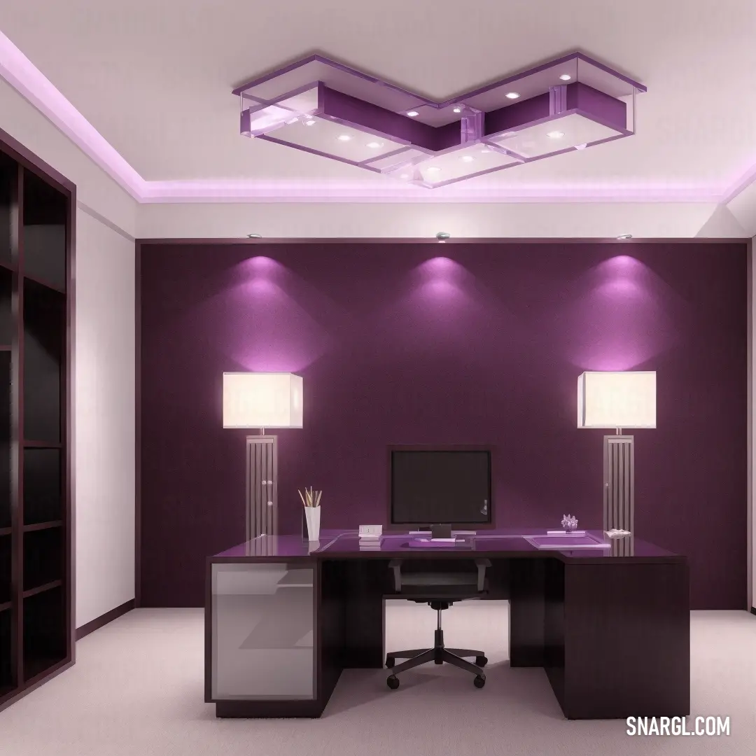 Purple office with a desk and two lamps on it's sides and a purple wall behind it