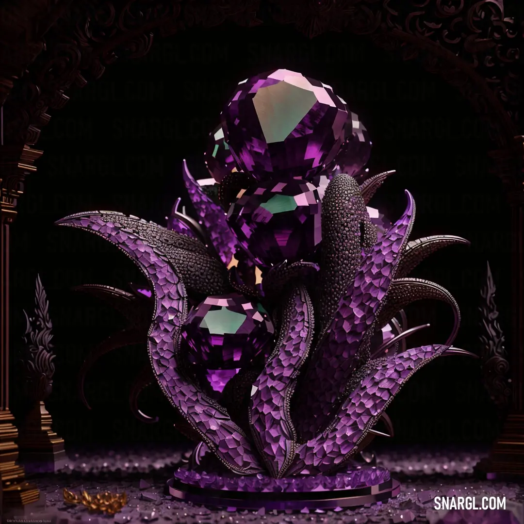 Purple sculpture with a large crystal ball on top of it's head and a dragon like body