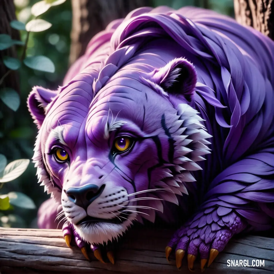 Purple tiger statue laying on a tree branch in a forest area with green leaves and a tree trunk. Example of RGB 153,102,204 color.