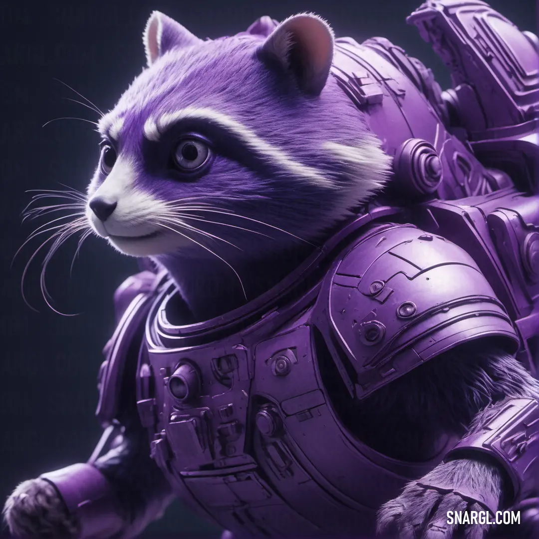 Raccoon in a purple suit with a helmet on it's head and a gun in his hand. Example of RGB 153,102,204 color.