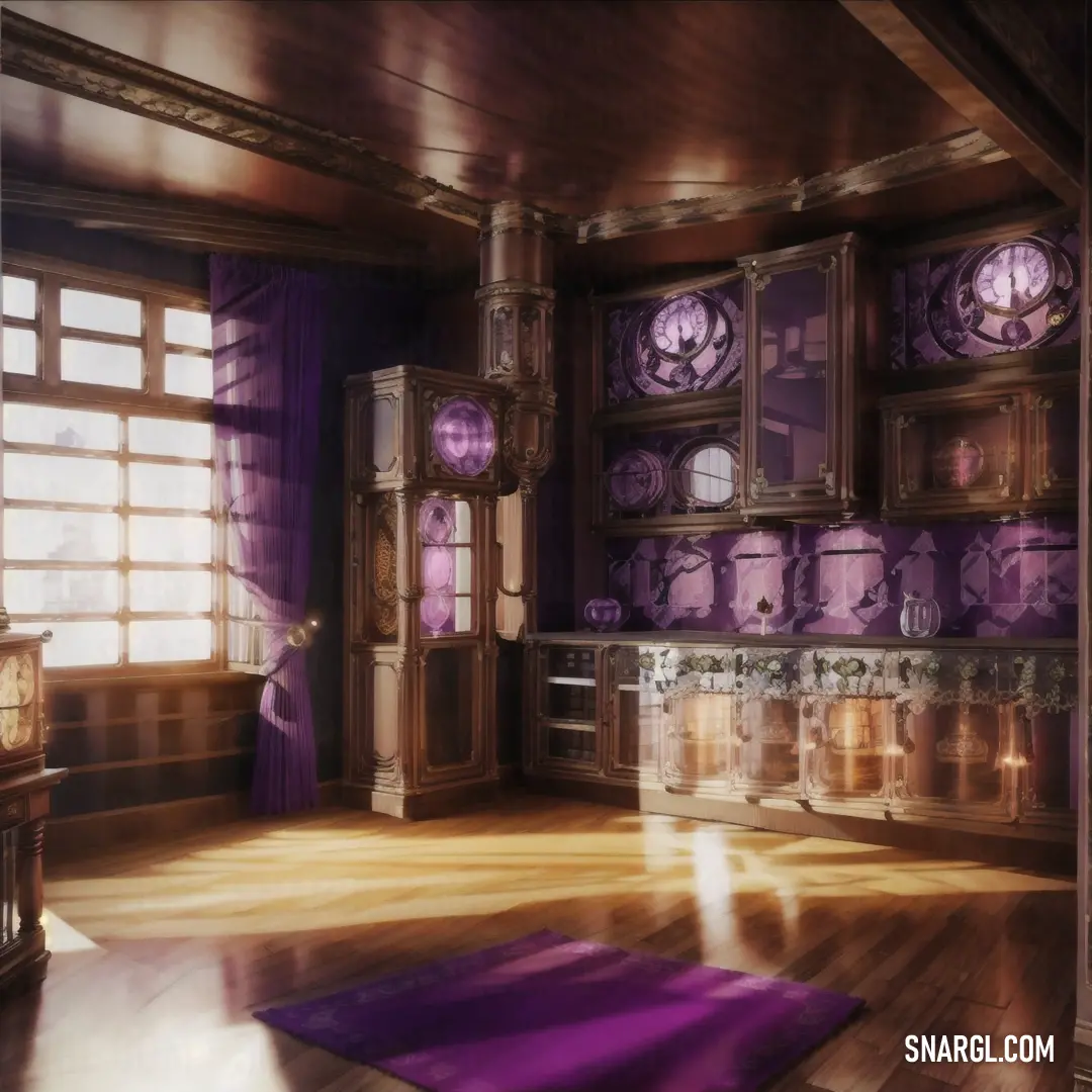 Room with a purple rug and a clock on the wall and a purple rug on the floor in front of a window