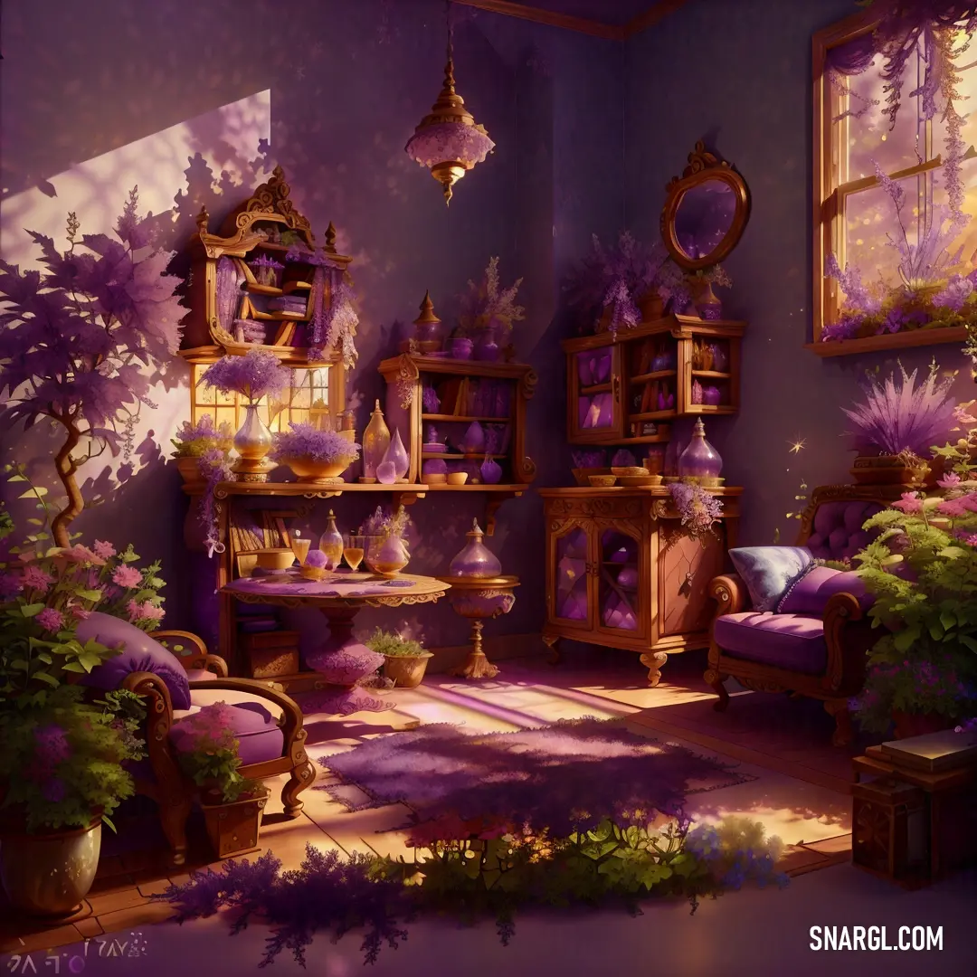 Room with purple furniture and a purple wallpapered wall and a purple rug on the floor
