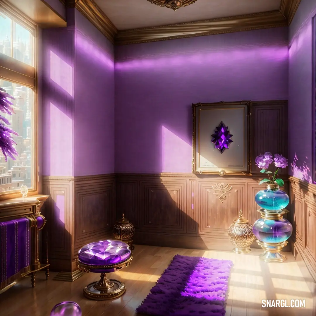 Room with purple walls and a purple rug on the floor and a purple chair in the corner of the room