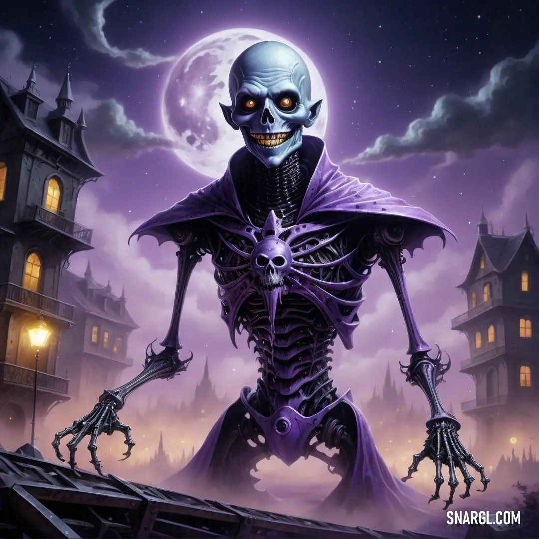 Skeleton in a purple cape and a full moon in the background with a building and a full moon in the sky. Color RGB 153,102,204.