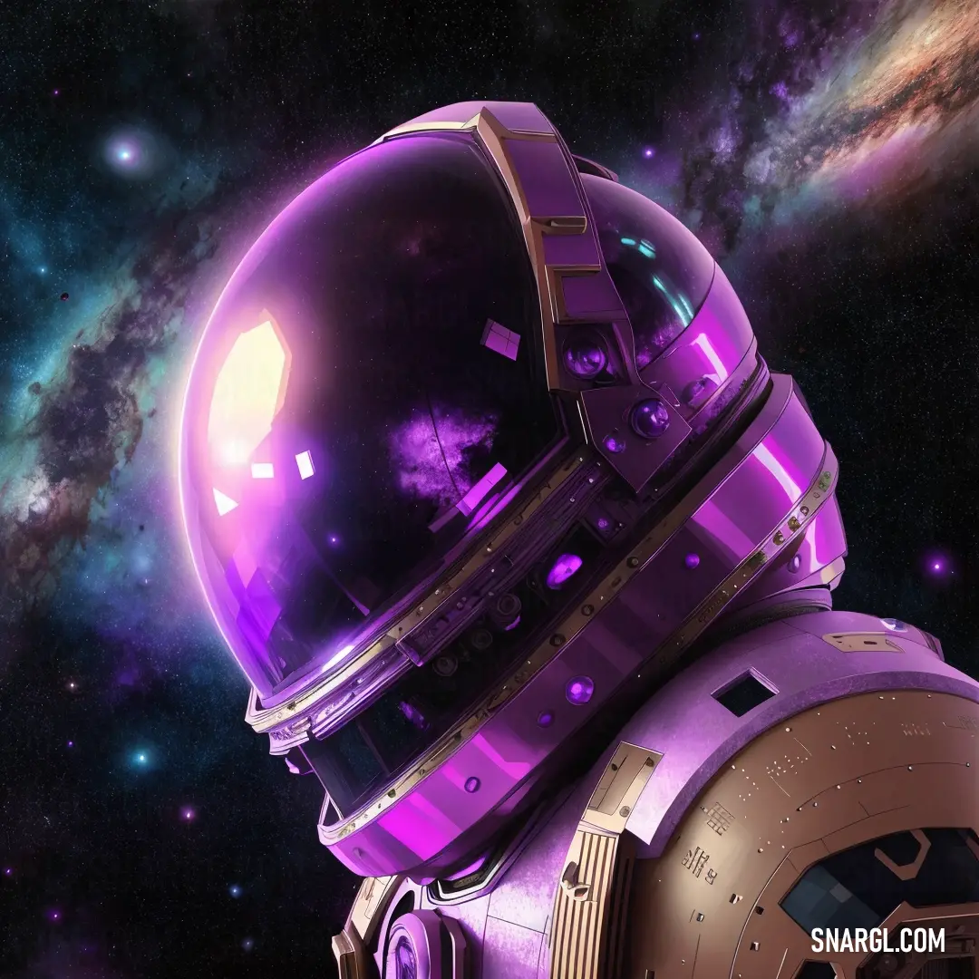 Spaceman in a purple space suit with a purple helmet on his head and a galaxy in the background
