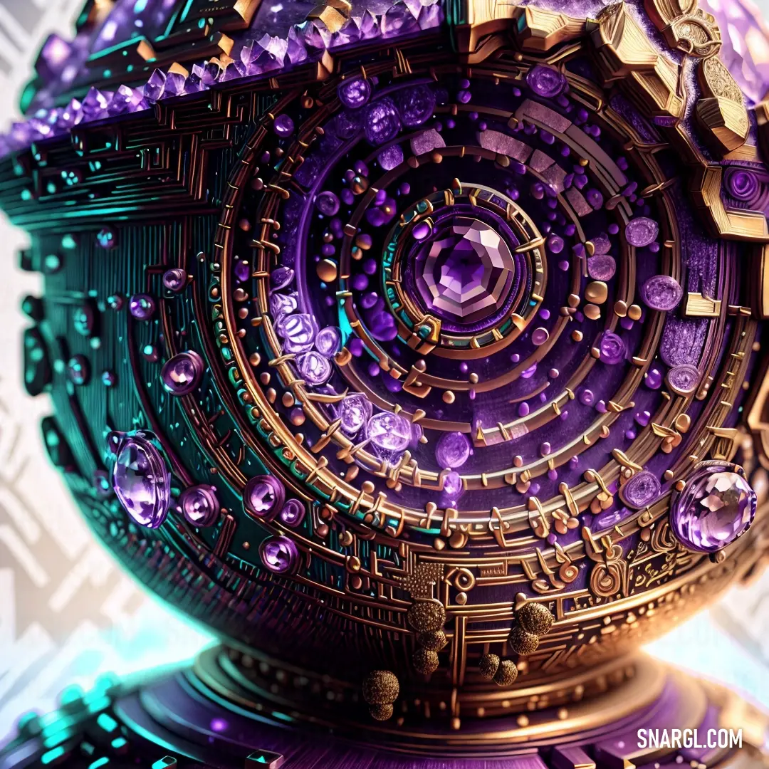 Very colorful looking object with a lot of details on it's surface and a lot of purple and gold