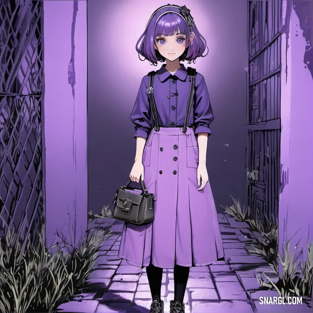 Woman in a purple dress is standing in a hallway with a handbag in her hand and a purple background. Example of RGB 153,102,204 color.