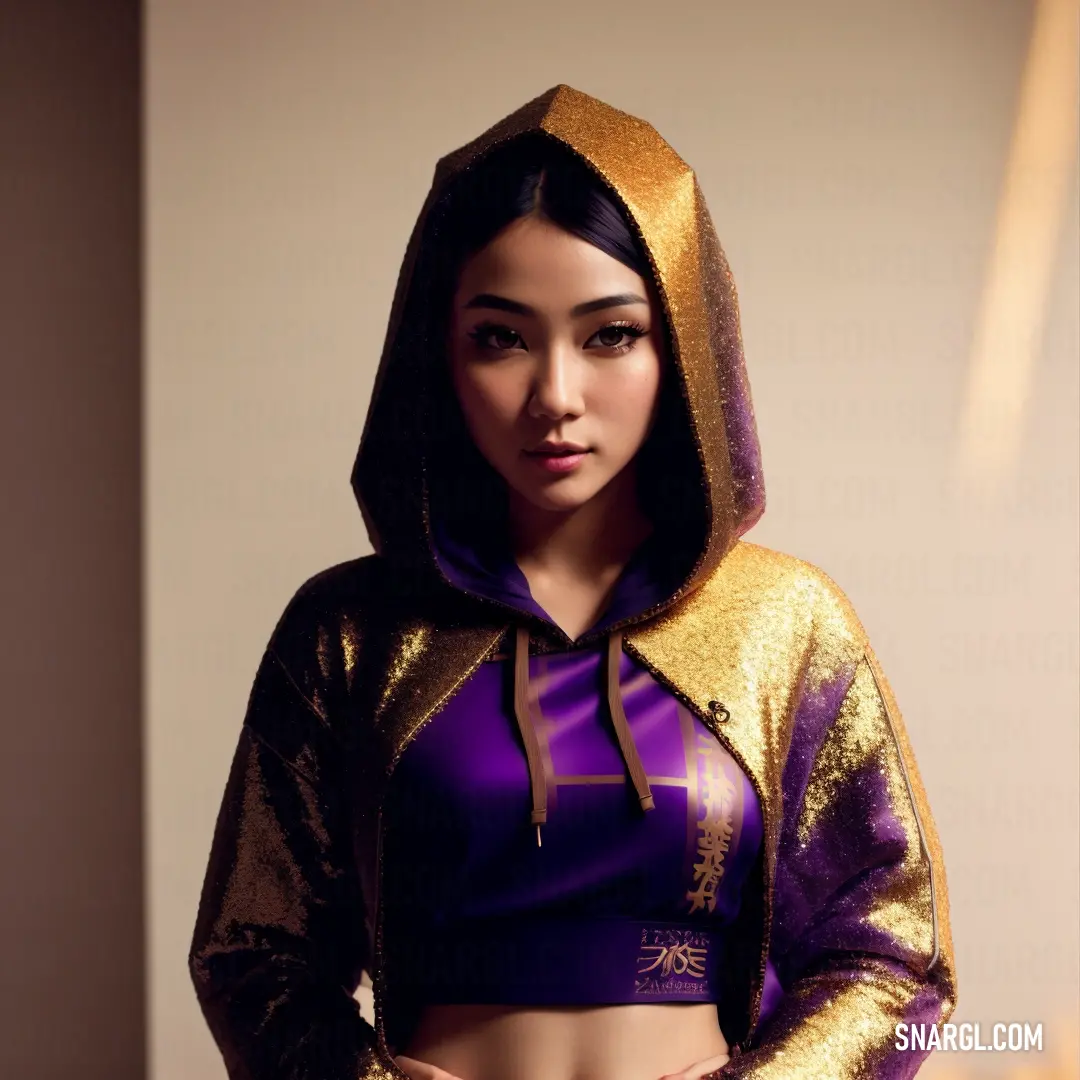 Woman in a purple and gold outfit posing for a picture with her hands on her hips