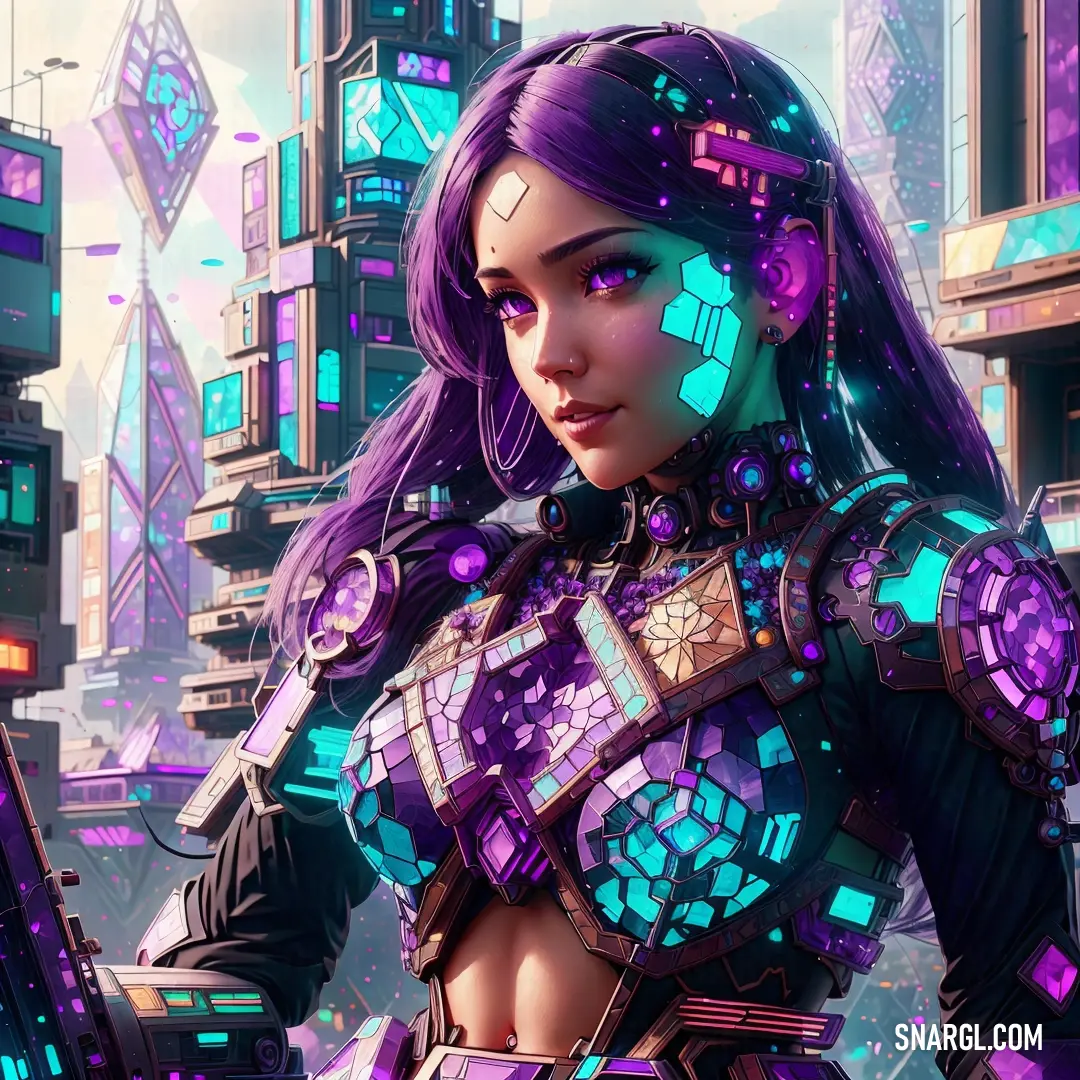 Woman in futuristic cyber garb holding a gun in a cityscape background with futuristic buildings and neon lights