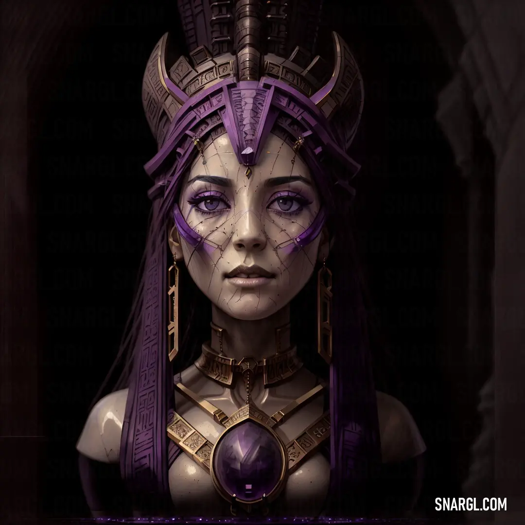 Woman with a horned headdress and purple hair is shown in a dark room with a doorway