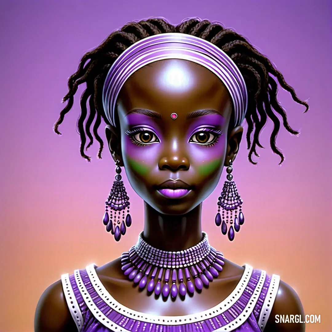 Woman with a purple dress and a necklace on her neck and earrings on her head. Example of RGB 153,102,204 color.