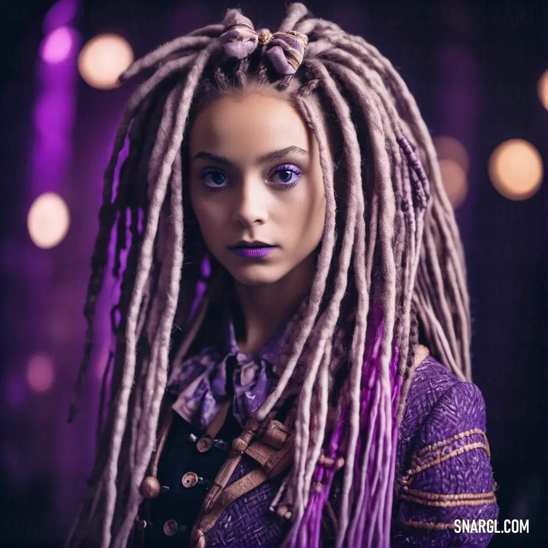Woman with dreadlocks and a purple shirt is posing for a picture in front of a purple background. Example of Amethyst color.