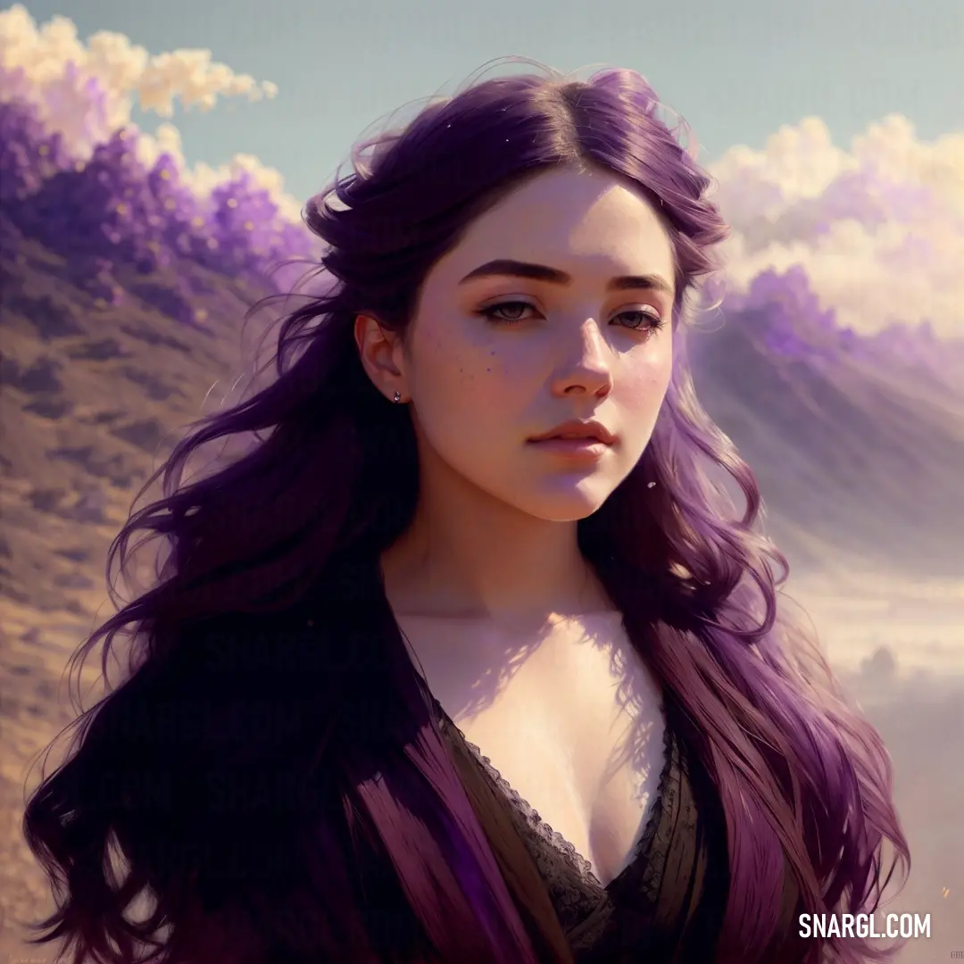 Woman with long purple hair and a bra top on a beach with a mountain in the background and clouds in the sky