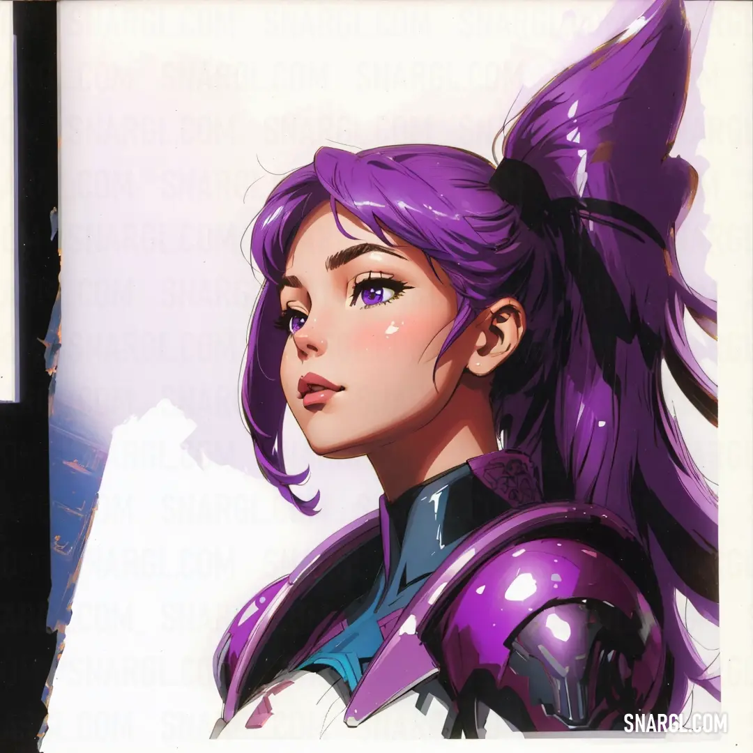 Woman with purple hair and a purple outfit with a ponytail