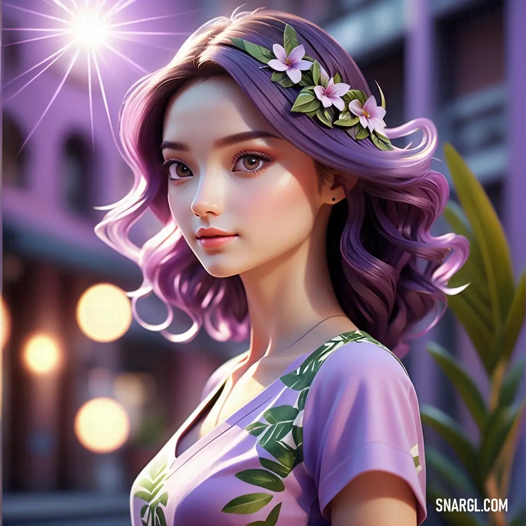 Woman with purple hair and a flower in her hair is standing in front of a building with lights. Example of RGB 153,102,204 color.