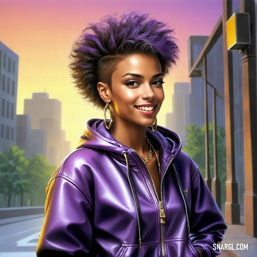 Amethyst color. Woman with purple hair and a purple jacket on a city street with a yellow traffic light in the background