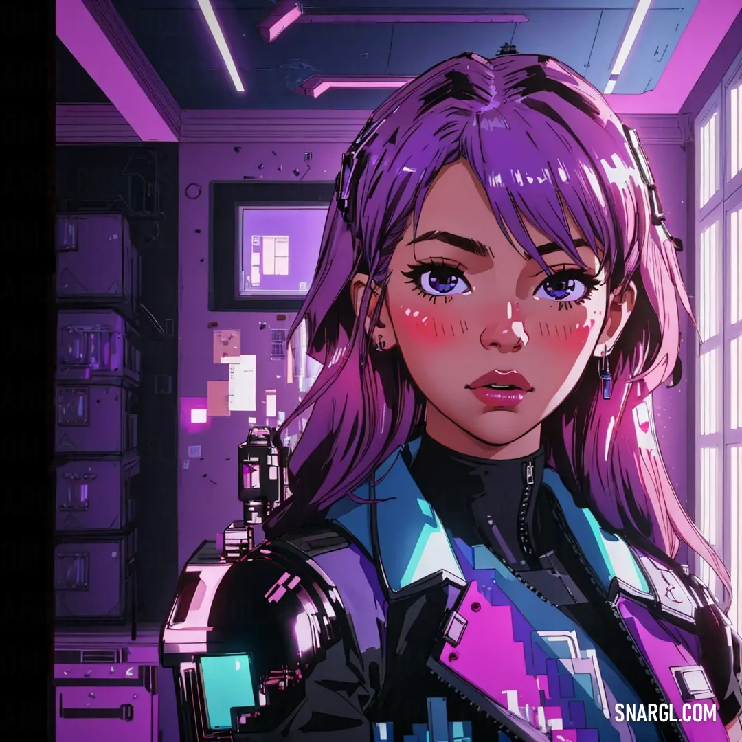 Woman with purple hair and a futuristic suit in a room with a window and a robot in the background. Example of Amethyst color.