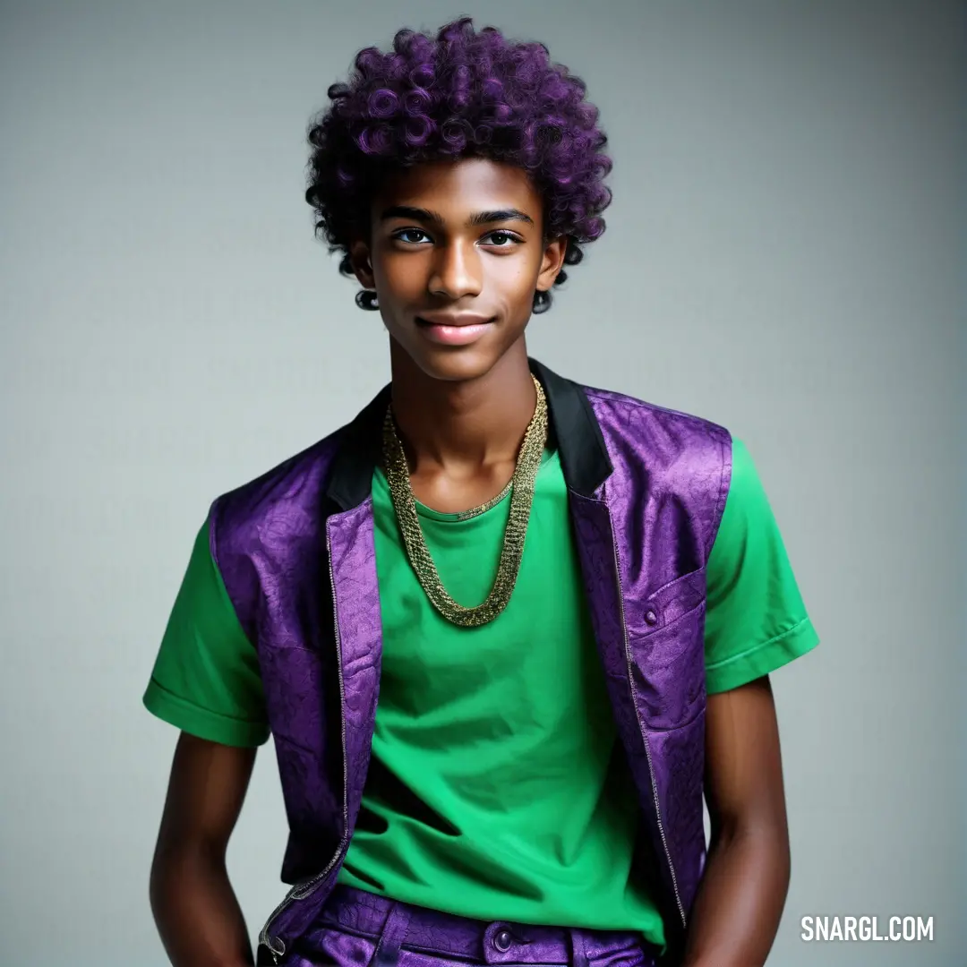 Young man with a purple and green shirt and a green shirt and purple pants and a purple jacket. Color #9966CC.