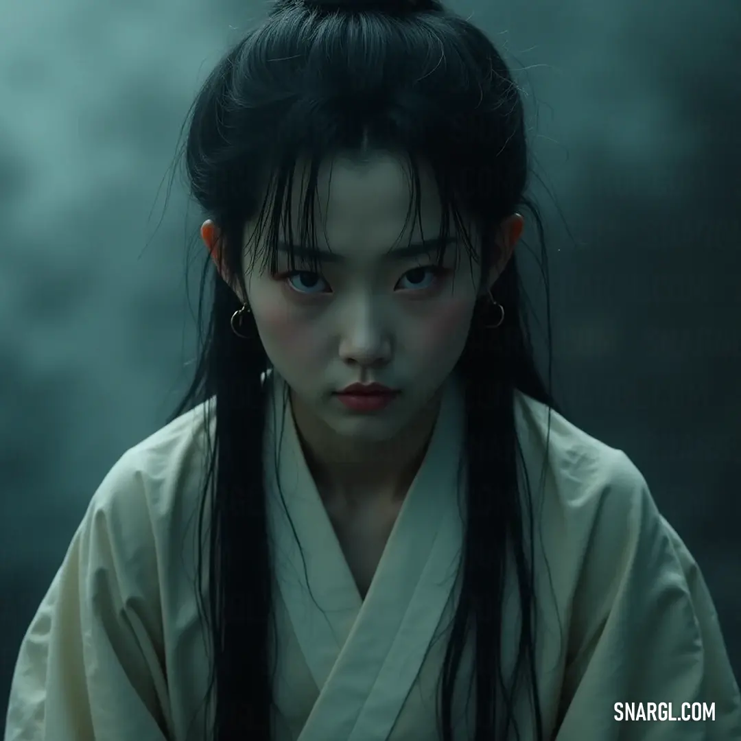 A serene figure in a traditional white kimono gazes confidently at the viewer, embodying grace and cultural significance. A serene figure clad in a traditional white kimono stands confidently, her serious gaze captivating the viewer, as she embodies grace and wisdom in a moment filled with rich cultural significance.
