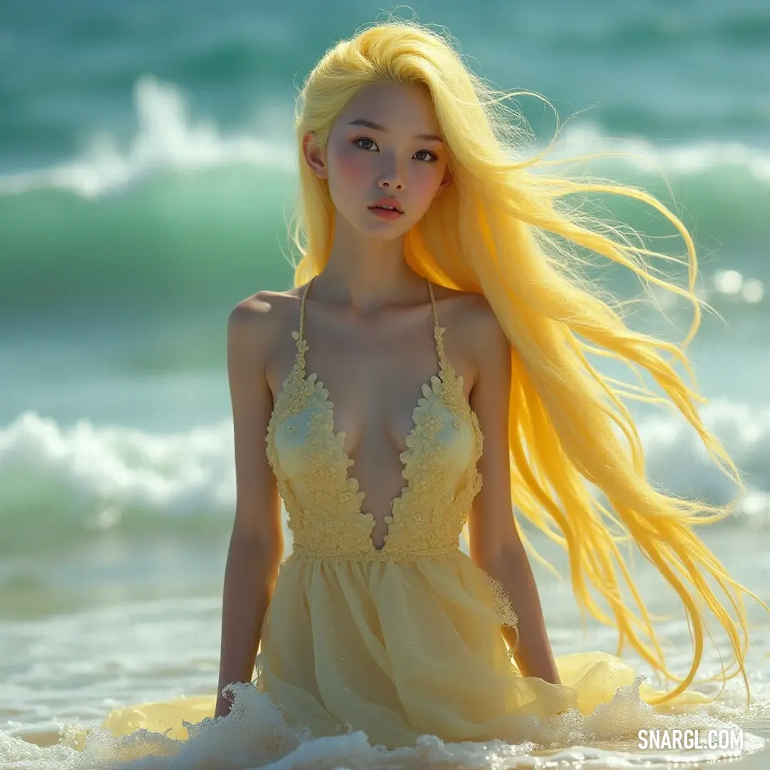 A cheerful figure with flowing yellow hair and a bright yellow dress dances joyfully on the beach, radiating happiness under the sun kissed sky. A joyful figure with long yellow hair stands on the beach embraced by the sun, wearing a cheerful yellow dress that flows with the breeze and harmonizes with the vibrant seaside.