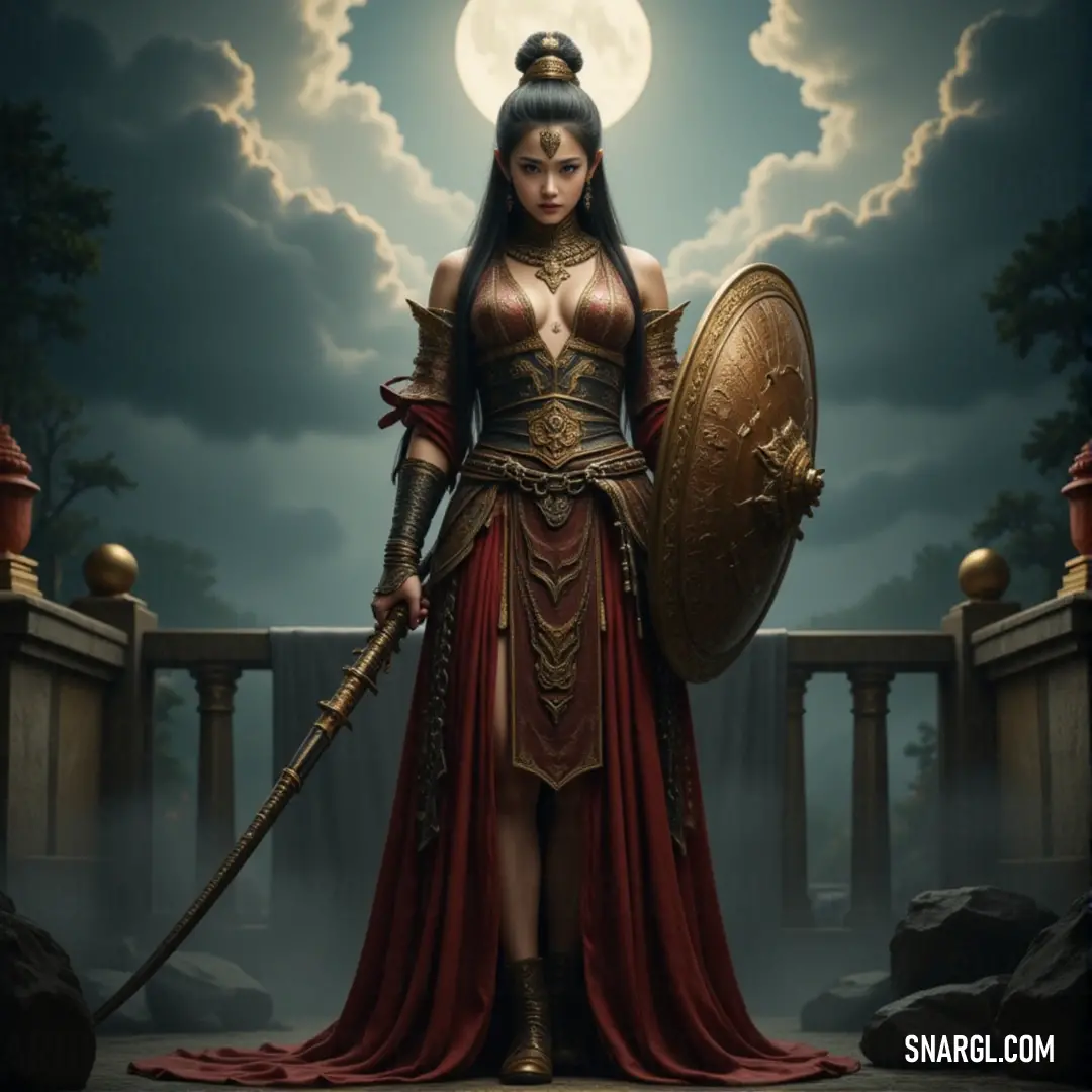 Amida, her shield and sword raised in readiness, stands under the moonlit sky, with clouds swirling in the air, embodying strength and resilience. Amida stands tall beneath a glowing full moon, her shield and sword held proudly as clouds swirl around her, reflecting the fierce determination of a warrior on a sacred mission.