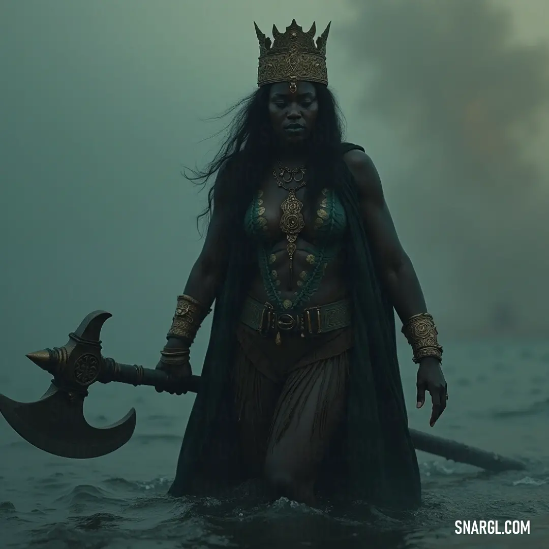 Amina in a powerful stance, holding a large axe in the misty water. Her commanding presence and mysterious costume make her a force to be reckoned with. Amina stands boldly in a foggy landscape, holding a large axe as she navigates through the water. Her costume flows with the mist, evoking a sense of mystery and power as she stands ready to face whatever challenges arise.