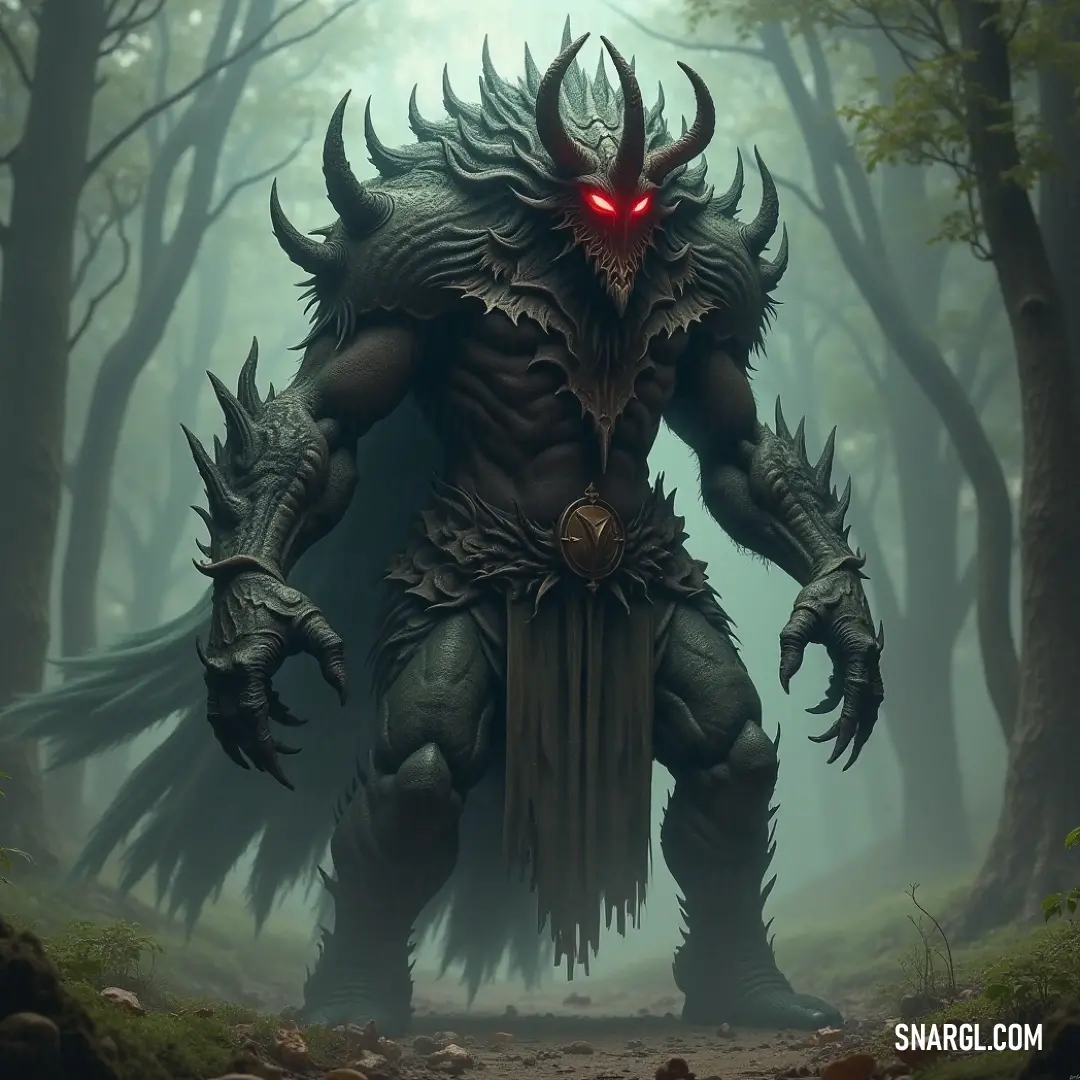 A formidable horned figure emerges from the forest, skillfully intertwining with the natural elements, showcasing the formidable bond between nature and supernatural power. A menacing silhouette of a horned figure stands amidst a forest, with trees and rugged rocks revealing the character's potent connection to nature and its darker, primal forces.