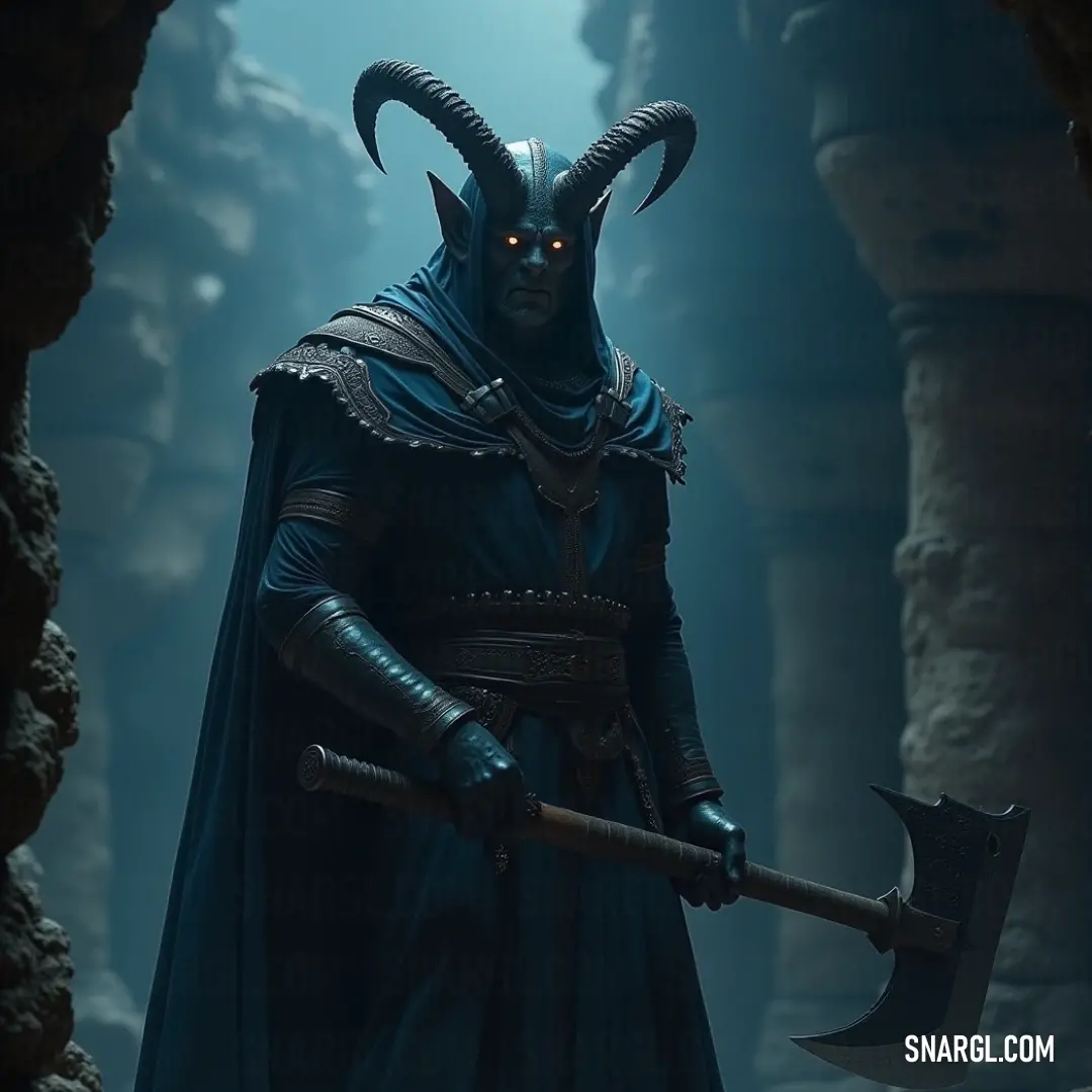 A striking figure in a majestic horned costume, brandishing a massive axe, set against a cave backdrop where light dramatically highlights its fierce presence. A powerful character donning a grand horned outfit, wielding an imposing axe, is illuminated by a single light source in a rugged cave that hints at deep secrets hidden within.