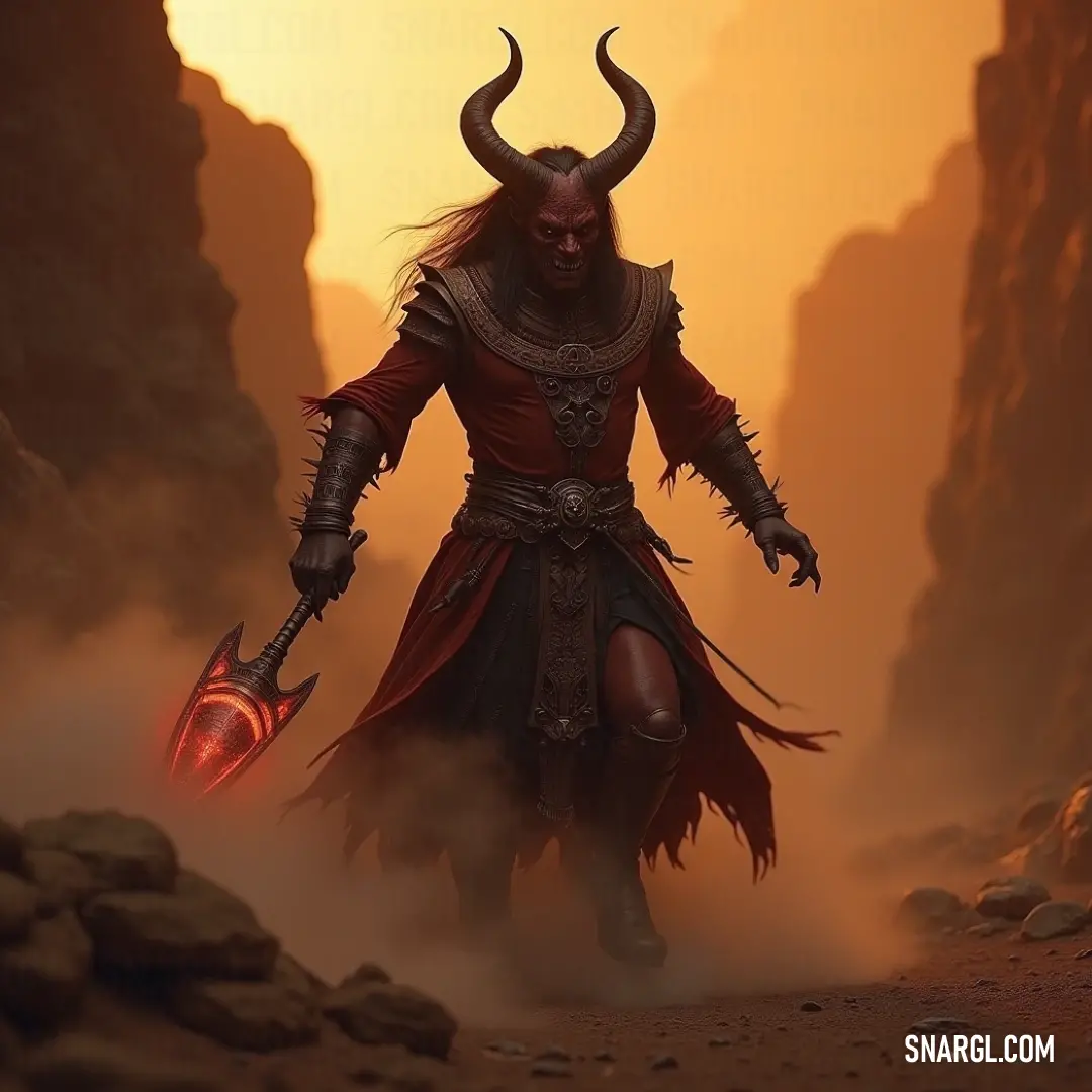A horned figure moves through the desert, its face bathed in an eerie red light, set against the vast, empty expanse. A mysterious figure dressed in horned attire, walking alone through a barren desert. A red light flickers across its face, adding an unsettling glow to the empty, vast landscape.