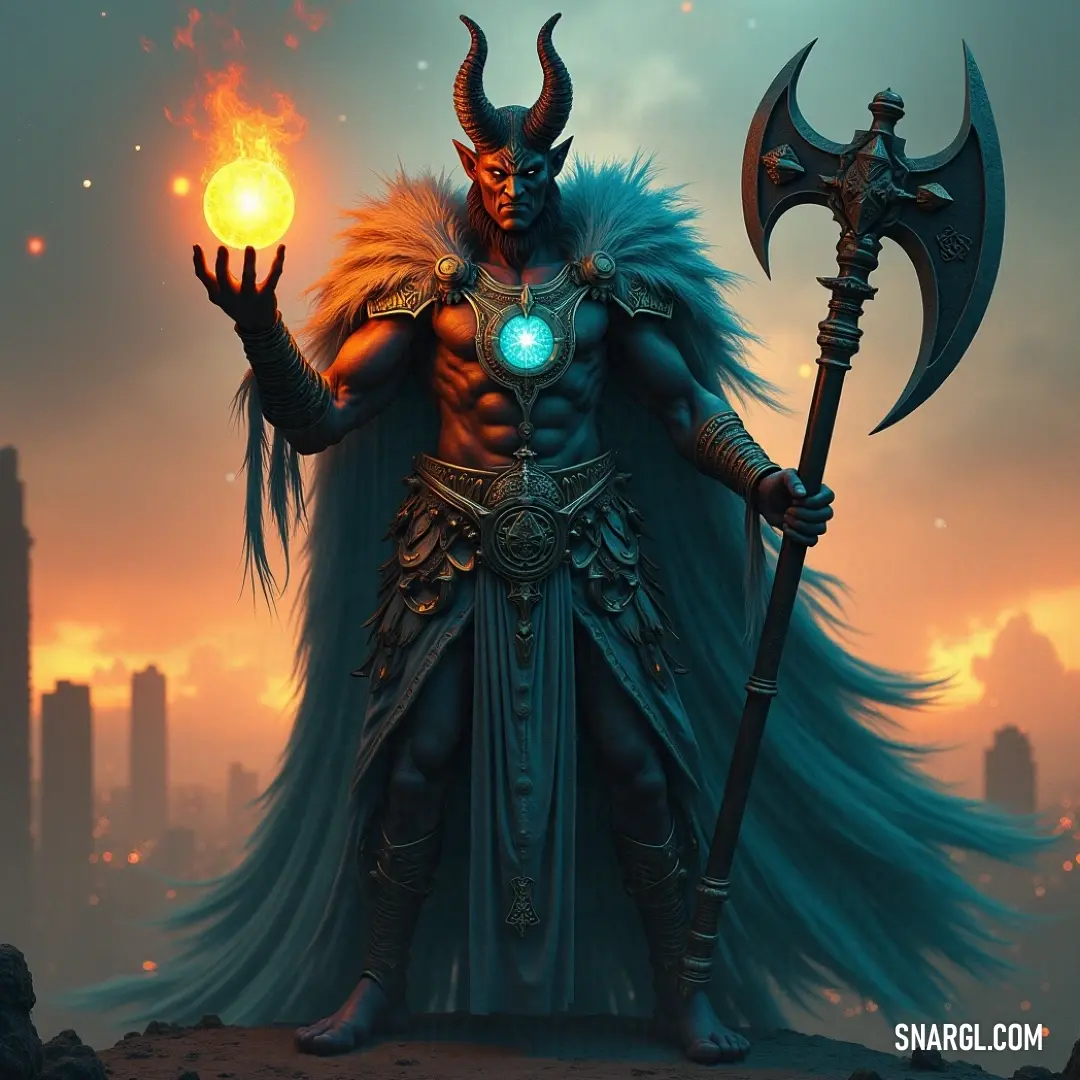 A figure with a horned head, holding a glowing orb and a staff, exuding an aura of mystical energy in a darkened space. A horned figure stands poised, holding a glowing sphere in one hand and a staff in the other, its presence commanding attention. The vibrant energy of the glowing orb contrasts with the figure’s dark surroundings.