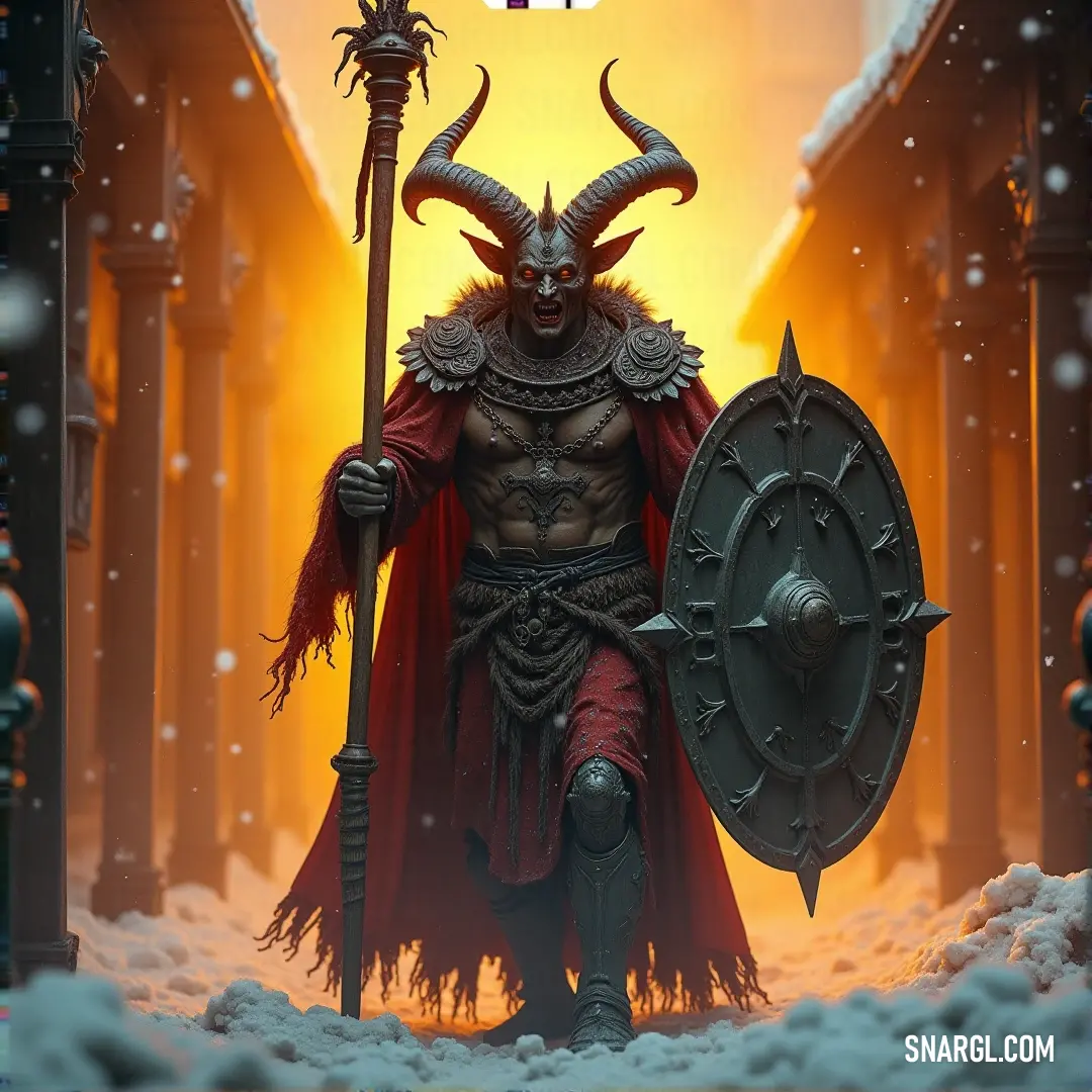 Amon, in a horned costume, stands in a snowy alleyway, his sword and shield ready, the light shining on the fresh snow around him in the quiet of the night. Amon, dressed in a horned costume, stands in a snowy alleyway, holding a shield and sword. The cold air is sharp, and a solitary light casts a glow on the snow, highlighting his imposing figure against the icy backdrop.