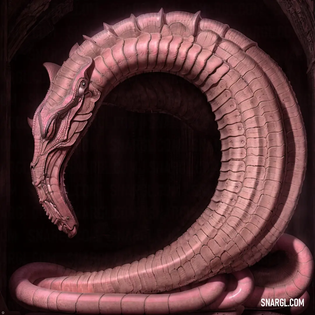 Large pink snake statue in a room with a window and a curtain behind it
