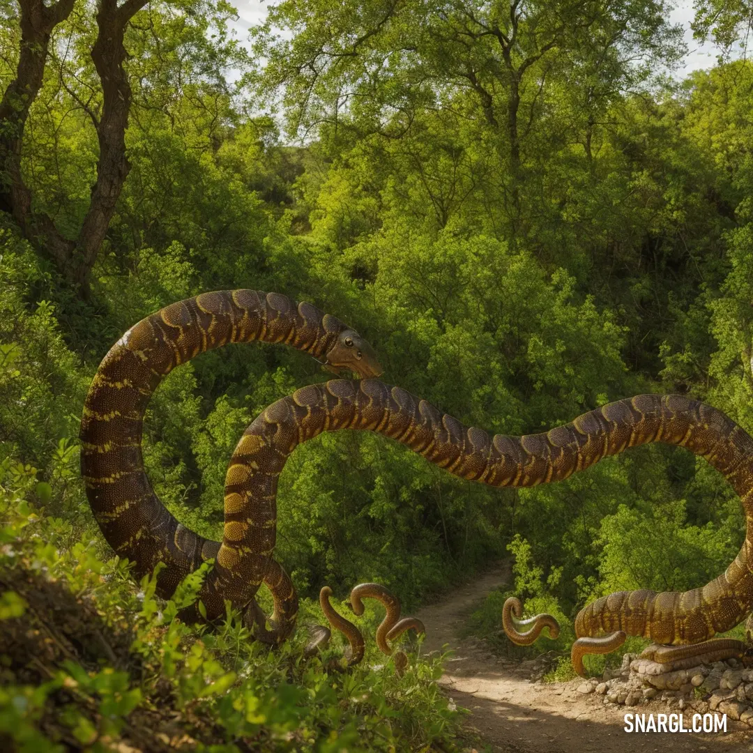 Large snake statue in the middle of a forest area with a path leading through it and trees in the background