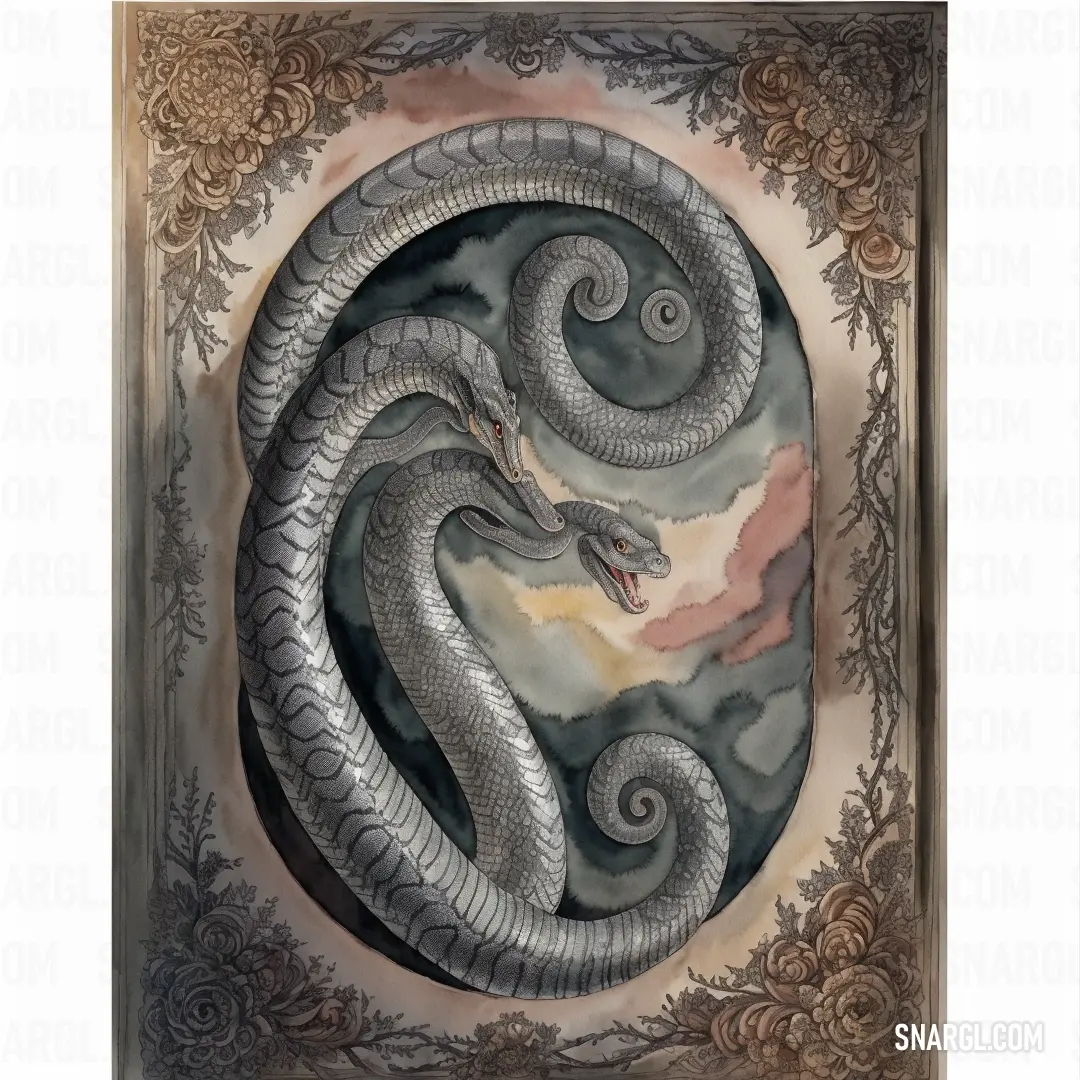 Painting of a snake in a circular frame with clouds in the background and a sky in the middle